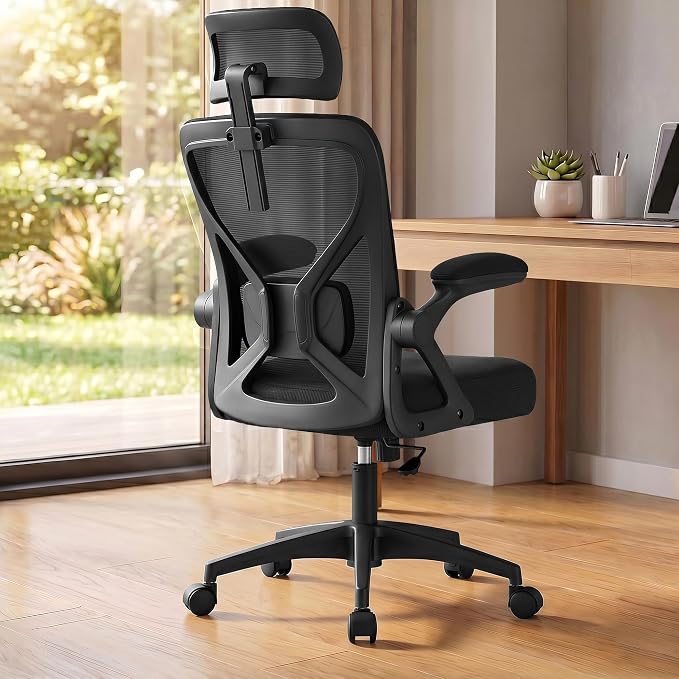 VASAGLE Office Chair, Adjustable Mesh with Lumbar Support and Headrest | Ergonomic desk chair, 90-105° tilt function, wide seat, flip-up armrests, home office, Ink Black UOBN044BH01S by Unknown