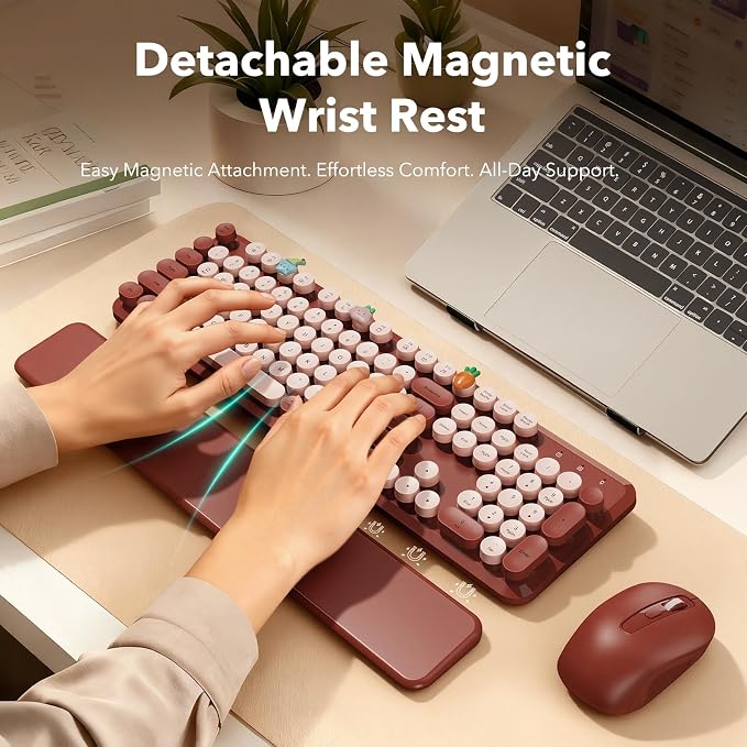 Wireless Keyboard and Mouse Combo, Wine Red Retro Typewriter Style Keyboard with Round Keycaps and Magnetic Wrist Rest, 2.4GHz Wireless for Mac, Windows PC, Laptop, Home Office, School, SABLUTE CK23 | Full-Size Retro Typewriter-Style Keyboard, Tilt Leg... - Image 2
