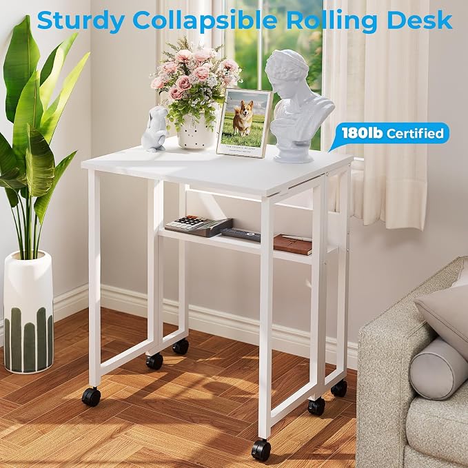 GreenForest Folding Desk with Wheels, 31.5" Rolling Table for Small Spaces | Storage Shelf, Lockable Casters, Compact Portable Workstation, Space-Saving Foldable Sofa Table, Home Office, Mobile, White - Image 8