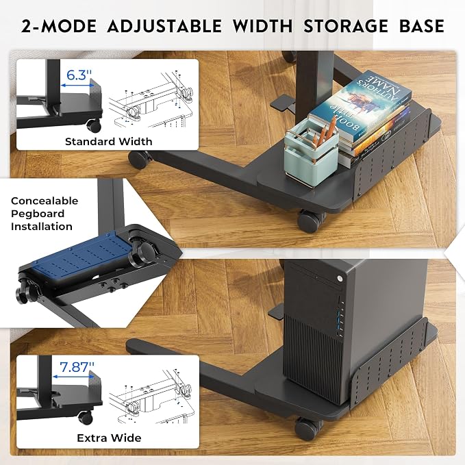 BONTEC Mobile Standing Desk, Adjustable Height, 23.6 x 20.5 Inch, Black | Rolling Laptop Cart with Storage Shelf and Hooks, Portable Workstation with Pneumatic Lift, Ergonomic Compact Home Office Use - Image 5