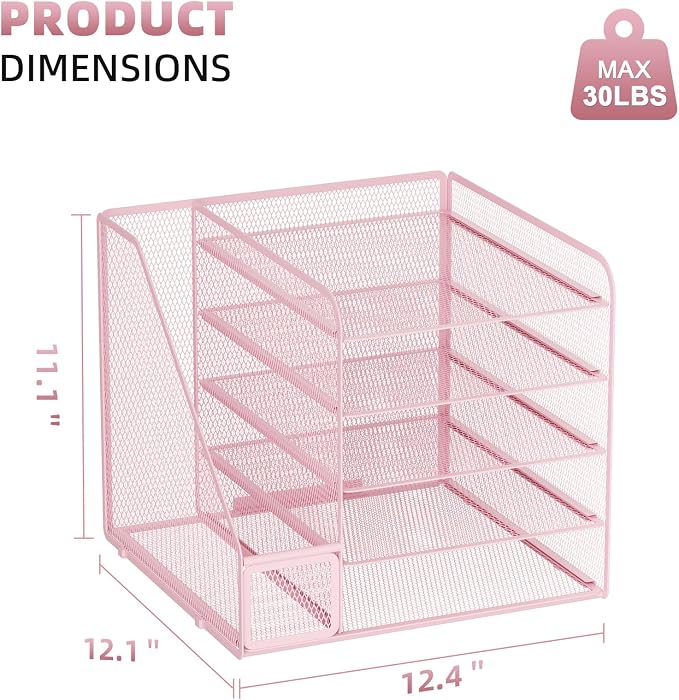 Marbrasse Desk Organizers and Accessories, 5-Tier Paper Letter Tray Organizer with File Holder, Mesh File Organizer, Office Desk Accessories & Organization for Supplies (Pink) - Image 6