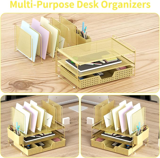 LEKETREE Gold Desk Organizer, Office Organization with Vertical File Holder, File Organizer with Drawer and Pen Holder, Desk Accessories and Workspace Organizers for Home Office (Gold) - Image 6