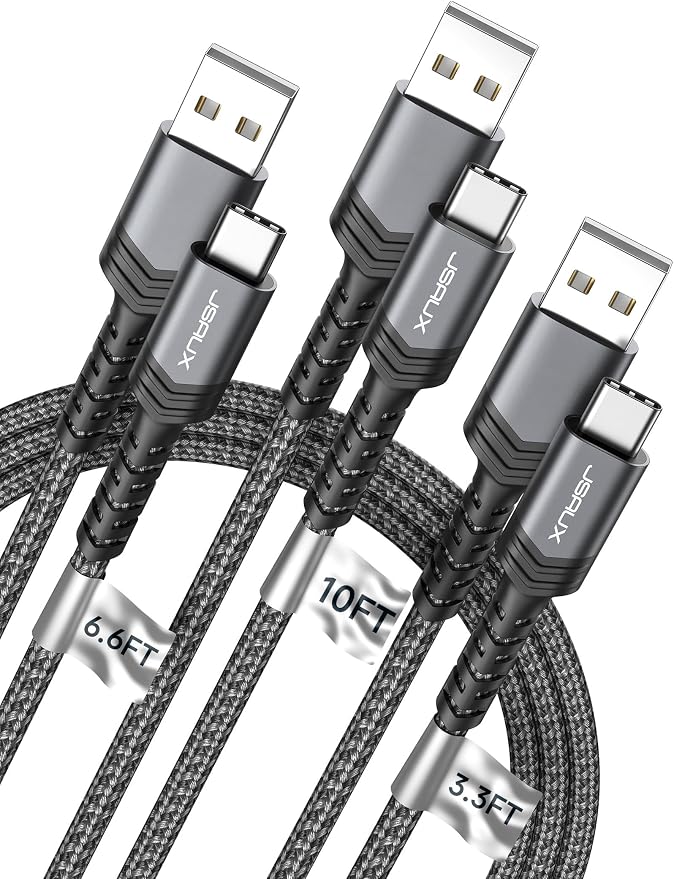JSAUX USB to USB C Cable, USB C Cable for iPhone 17, 3-Pack (10+6.6+3.3FT) | USB Type C Charger Cord, Fast Charging for iPhone 17 16 Pro Max, Samsung Galaxy, iPad, Grey by JSAUX
