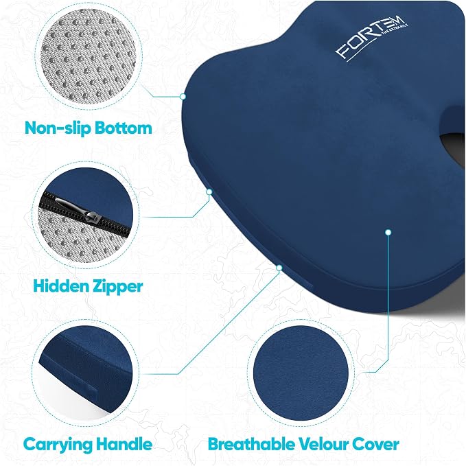 FORTEM Seat Cushion & Lumbar Support for Office Chair, Wheelchair, Car | Memory Foam | Ergonomic Design | Washable Cover | Non Slip | Blue - Image 4