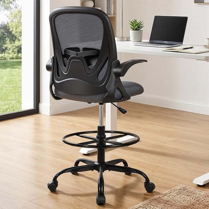 Drafting Chair Tall Office Chair with Flip-up Armrests Executive Ergonomic Computer Standing Desk Chair with Lumbar Support and Adjustable Footrest Ring（Dark Gray） - Image 2