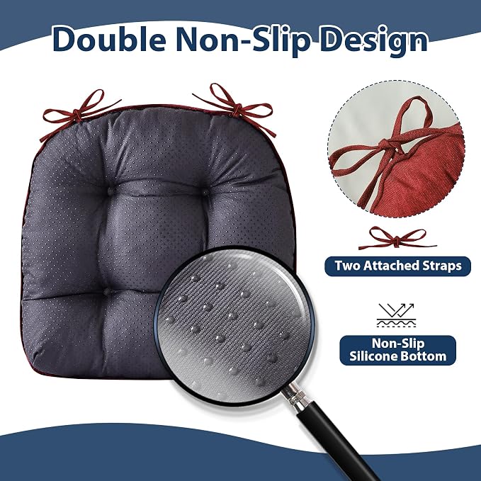 IASEAHK Chair Cushions for Dining Chairs, Seat Cushions for Kitchen Chairs, Indoor Seat Cushions with Ties, Tufted Foam Chair Pads, Non Slip Chair Cushions Set of 4, 15.5" x 15.5" x 4", Red - Image 4