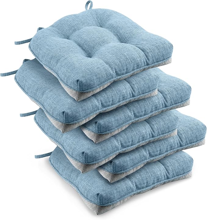 downluxe Indoor Chair Cushions for Dining Chairs, Tufted Overstuffed Textured Kitchen Chair Pads with Ties and Non-Slip Backing, 15.5" x 15.5" x 4", Light Blue, 6 Pack by Downluxe
