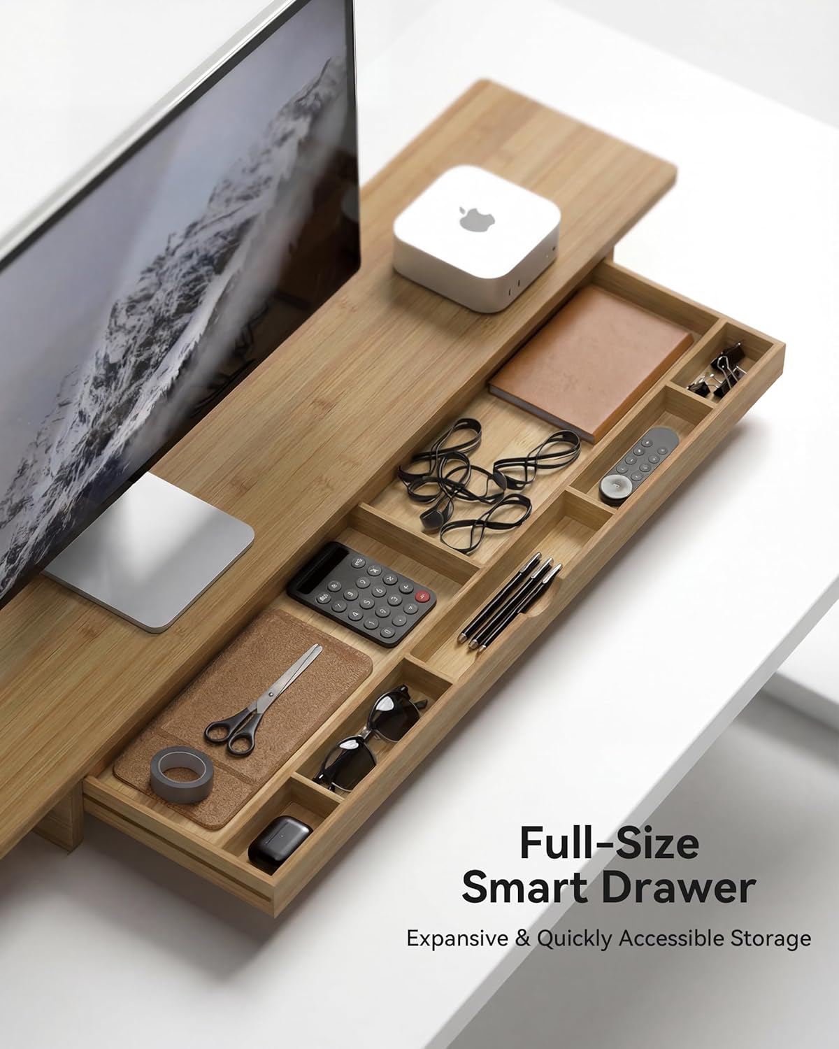 Dual Monitor Stand Riser with Drawer,Wood Desk Storage Shelf - Image 3