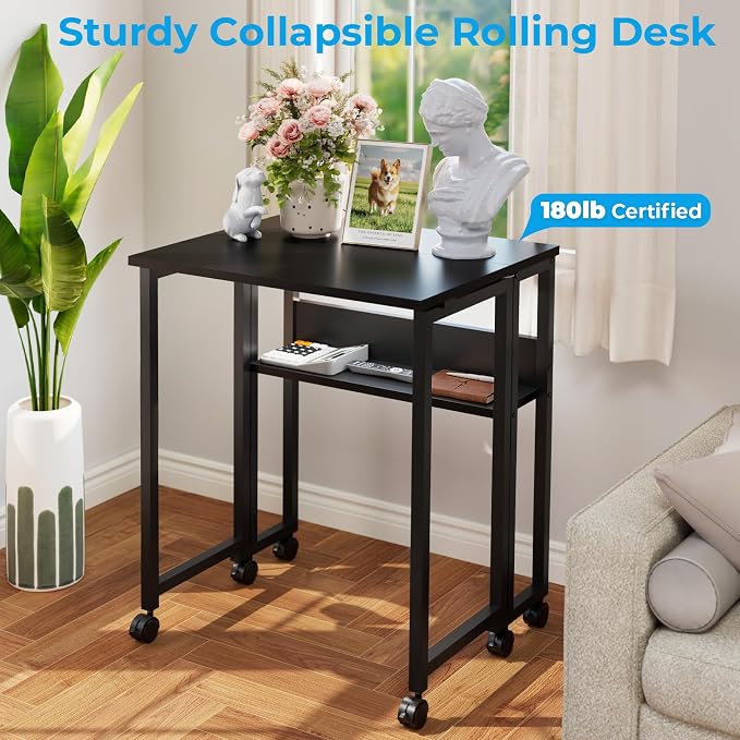 GreenForest Folding Desk with Wheels, 24.8" Rolling Table for Small Spaces | Storage Shelf, Lockable Casters, Compact Portable Workstation, Space-Saving Foldable Sofa Table, Home Office, Mobile, Black - Image 8