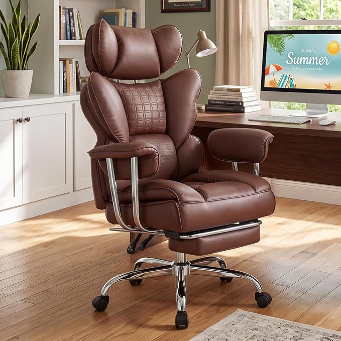 DUMOS Big and Tall Home Office Desk Chair, Executive Chair with Footrest | Scratch-Resistant PU Leather, Ergonomic Reclining, Pocket Spring Support, 400 LBS Weight Capacity, Brown - Image 2