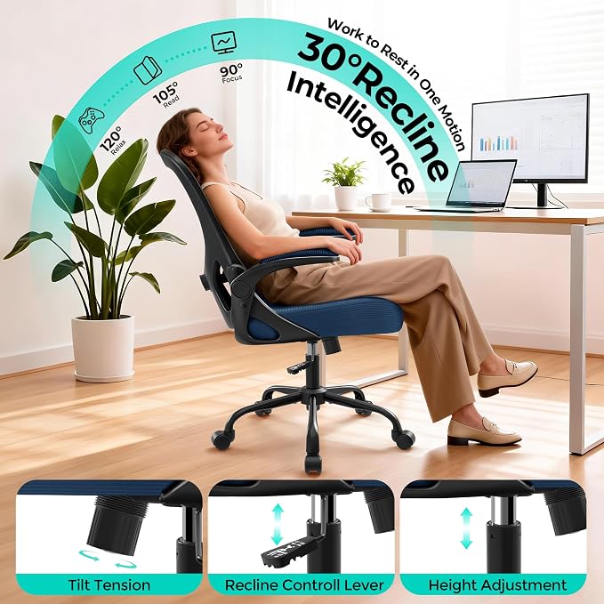Office Chair - Ergonomic Breathable Mesh Desk Chair with Adjustable Lumbar Support and Flip-up Armrests - Executive High Back Rolling Swivel Comfortable Computer Gaming Chair for Home Office - Image 4