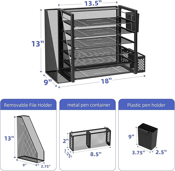 Simple Trending 6 Tier Metal Desk File Organizer with 2 Pen Holders, Black | 18"L x 9"W x 13"H, 6 Trays + Side file holder + 2 pen holders, sturdy metal frame, non-slip base, easy assembly, 24h support. - Image 3