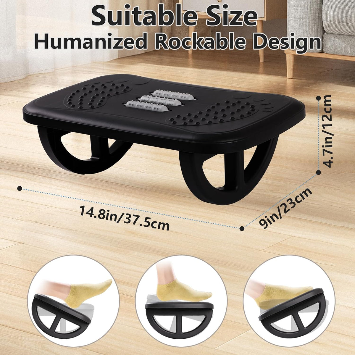 Ergonomic Foot Rest Under Desk, Rocking Footrest with Anti-Slip Function, Sturdy PP Foot Stool with Comfortable Massage Rollers for Home Office & Gaming, Relieve Leg Fatigue (Black) - Image 4