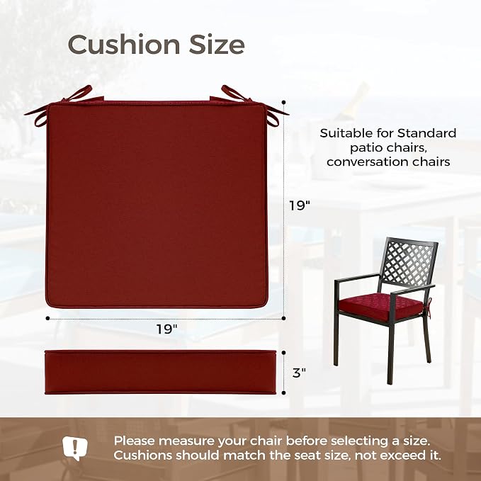 UNIKOME Outdoor Chair Cushions Set of 4, Water Resistant Patio Seat Cushions with Ties for Outdoor Furniture, High-Density Foam, UV & Fade Resistant, Piped Edge – 19" x 19" x 3", Wine Red - Image 2