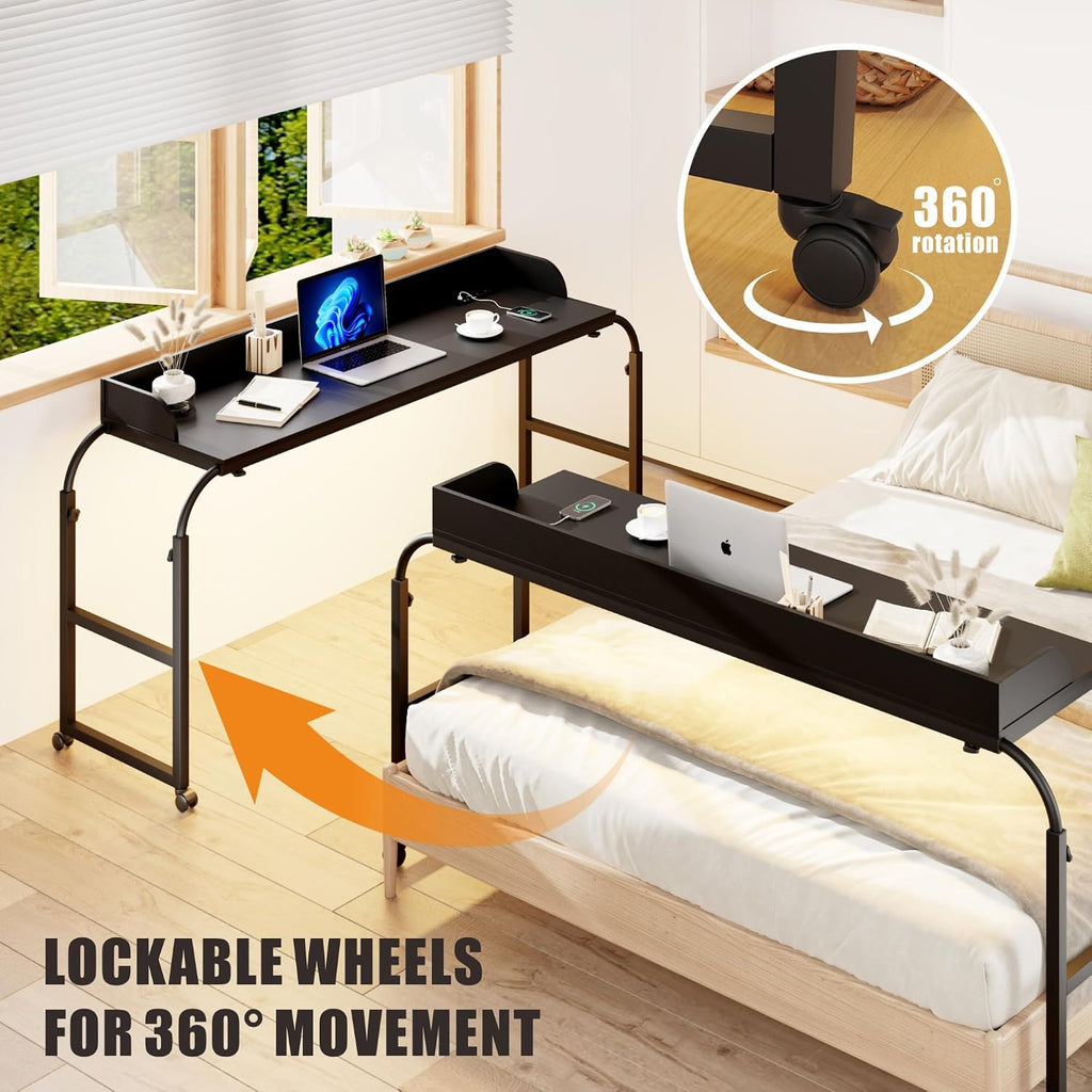 HWB Over Bed Desk with LED Light, Wheels & Charging Station, Black - Image 4
