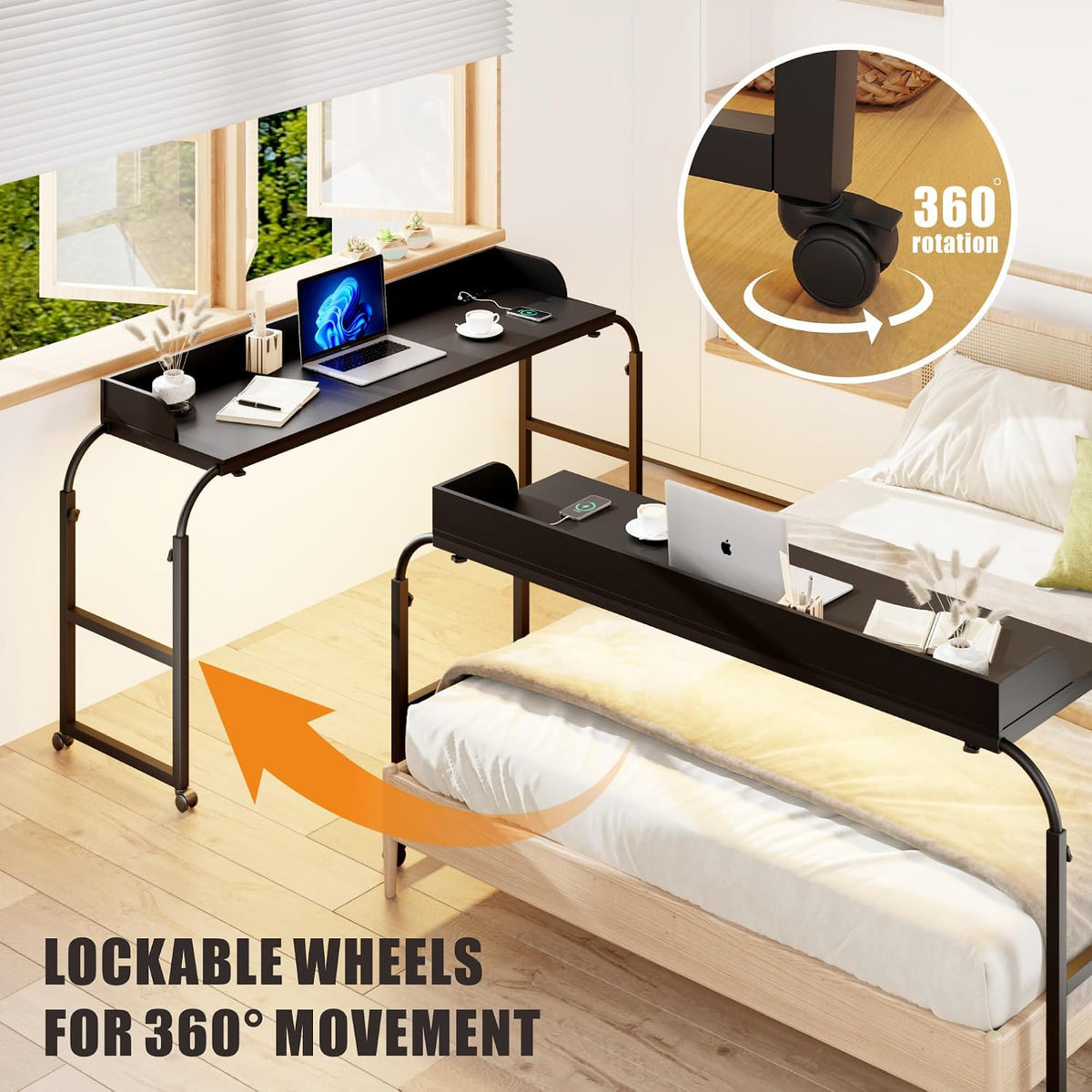 HWB Over Bed Desk with LED Light, Wheels & Charging Station, Black - Image 4