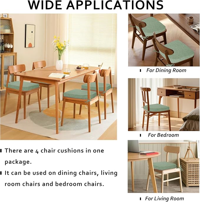 ELFJOY Non-Slip Chair Cushions for Dining Chairs Sage Green 16.7"x16" | 4 Pack, with Ties and Washable Cover, U Shape, Breathable Fabric, for Kitchen Dining Office Folding Chairs，Comfortable - Image 3