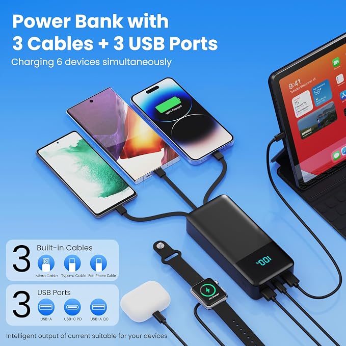 Portable Charger 60800mAh Power Bank with 3 Built in Cables,25W PD QC4.0 Fast Charging USB C Battery Pack,6 Outputs 2 Inputs LCD Display Portable Phone Charger for iPhone 16/15/14/13,Google,Android - Image 4
