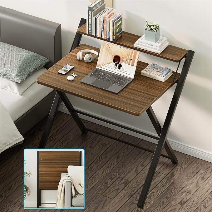 GreenForest Folding Desk No Assembly, Sturdy Computer Desk for Small Spaces | Portable Foldable Table for Laptop, 2-Tier Compact with Shelf, Space Saving for Home Office, Dorm, Apartment, 27"x 22" Walnut - Image 8