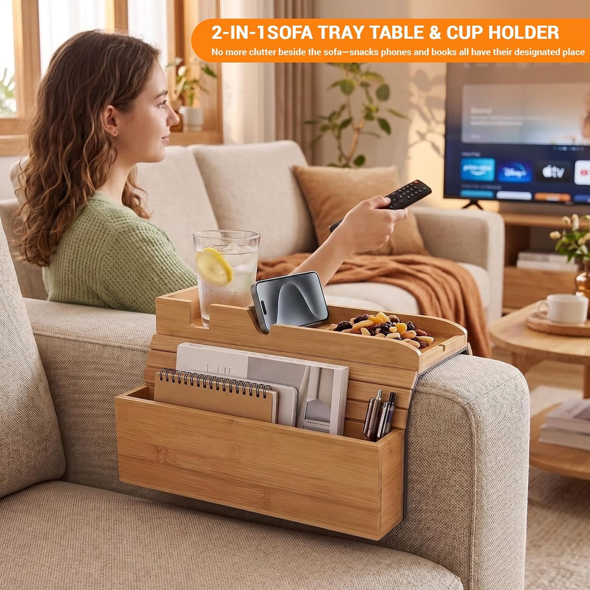 Bamboo Couch Armrest Tray with Storage Caddy for Drinks TV Remote Snacks - Image 5