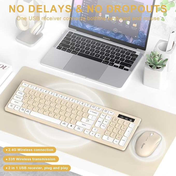 Wireless Keyboard and Mouse Combo Silent for Office and Home(Latte Color) | 2.4G Full Size Silent Cordless Keyboard with Tilt Legs,3-Level DPI Quiet Mouse,for Windows/Mac OS/Desktop/Laptop/PC - Image 2