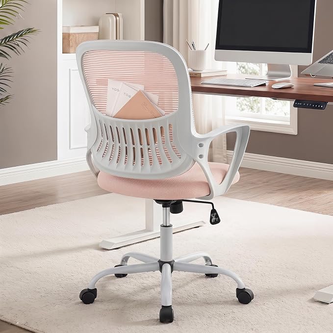 Home Office Desk Chair, Lumbar Support, Mesh Back Computer Chair | Height Adjustable, Mesh Mid-Back, Ergonomic Task Gaming Chair with 360° Swivel Wheels, Lumbar Support, Pink by HAPPYMONTLLC