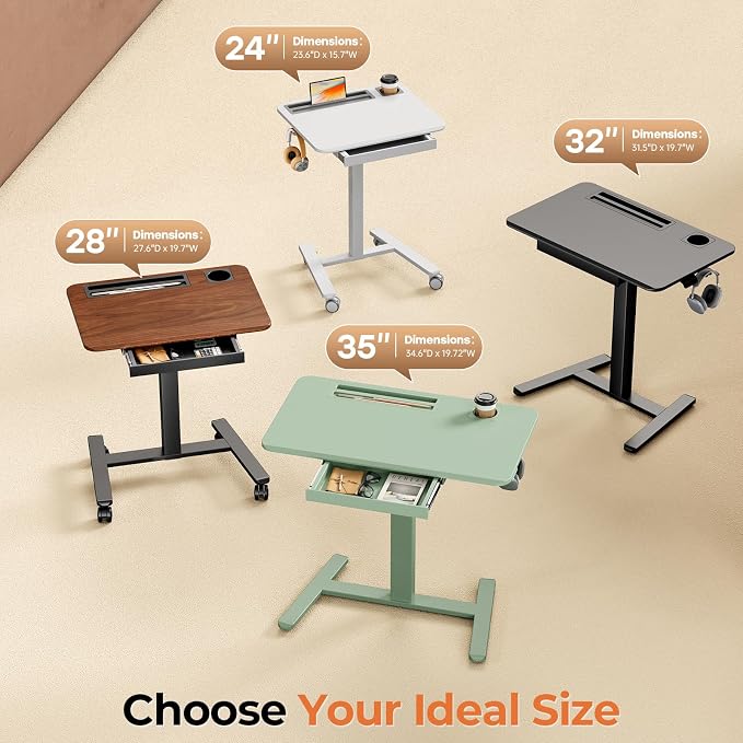 Mobile Standing Desk with Drawer, 35"×20" Small Laptop Desk | Portable Workstation with Cup Holder and Hooks, Height Adjustable Rolling Desk with Wheels, Teacher Classroom Use, Sage Green - Image 6