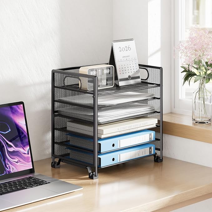 Simple Trending 6-Tier Paper Tray Organizer, File Organizer for Desk, Black | Letter Tray Holder with Handle. Sturdy Metal Frame. Non-slip Feet. Black for Office Home School. 13"L x 8.75"W x 14.6"H - Image 5