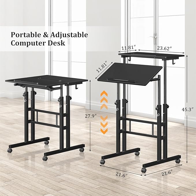 Enayplon Small Standing Desk with Wheels, Mobile Stand Up Desk, Portable Standing Table on Wheels for Walking Pad, Rolling Computer Desk Adjustable Height, Tall Table - Image 2