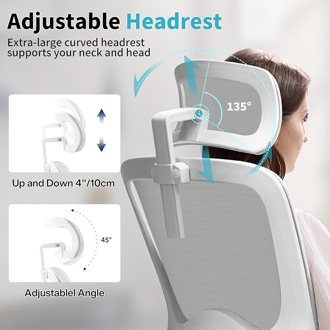 Ergonomic Office Chair,Mesh Office Chair with Lumbar Support,High Back Desk Chair with Flip-up Arms,400 lbs Big and Tall Computer Chair with Headrest,Comfy Desk Chairs (Light Grey) - Image 4
