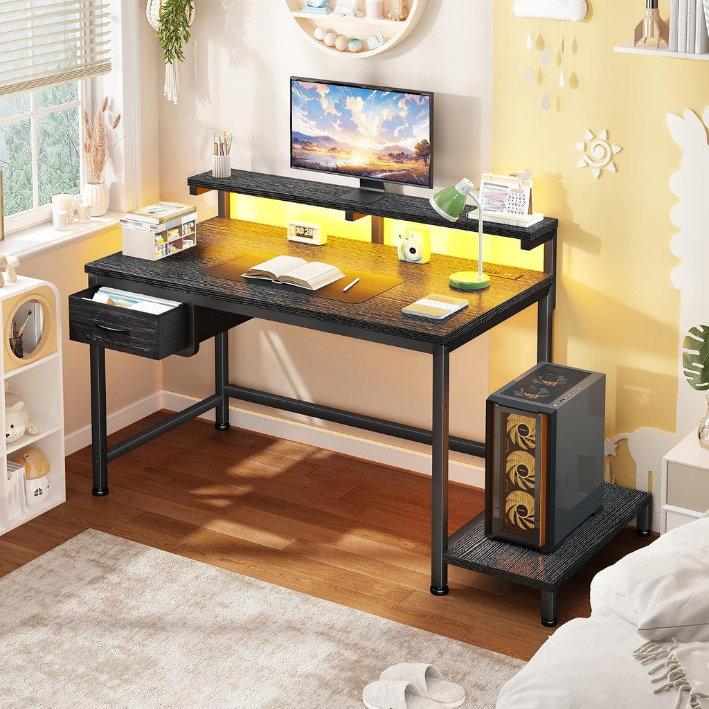 32" Gaming Desk with Power Outlet and LED Lights,Bedroom,Black - Image 7