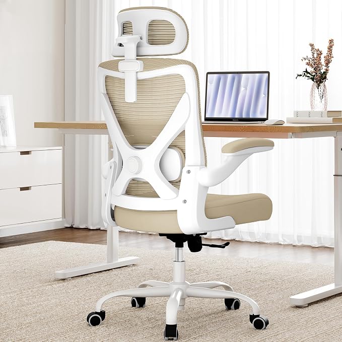 Ergonomic Office Chair: Mesh Desk Chair Comfy with Headrest& Lumbar Support | Ergalithic Big and Tall Office Chairs with Wheels & Flip-Up Arms-Computer Gaming Chairs for Adults Home Office Chairs(Beige) - Image 9