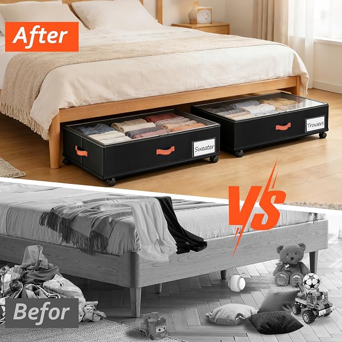 Under Bed Storage with Wheels 2-Pack, Under Bed Storage Containers 66L Clear Lids, Rolling Storage Drawers for Clothes Shoes Blankets, Underbed Organizer Bins(30" L x 16.2" W x 7.5" H) - Image 4