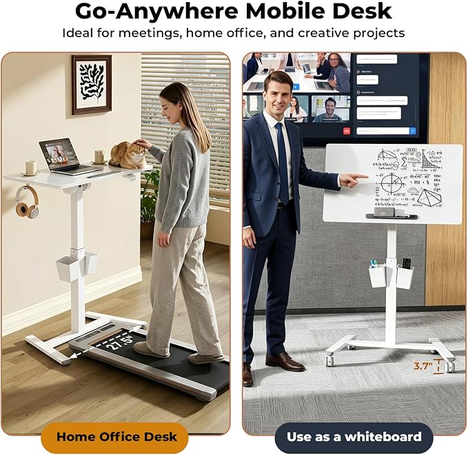 35" Glass Mobile Standing Desk, Foldable Desktop for Storage | Height Adjustable Portable Drafting & Laptop Desk with Wheels, Small Rolling Whiteboard for School Home Office, White - Image 5