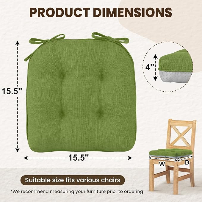 downluxe Indoor Chair Cushions for Dining Chairs, Tufted Overstuffed Textured Kitchen Chair Pads with Ties and Non-Slip Backing, 15.5" x 15.5" x 4", Grass Green, 4 Pack - Image 2