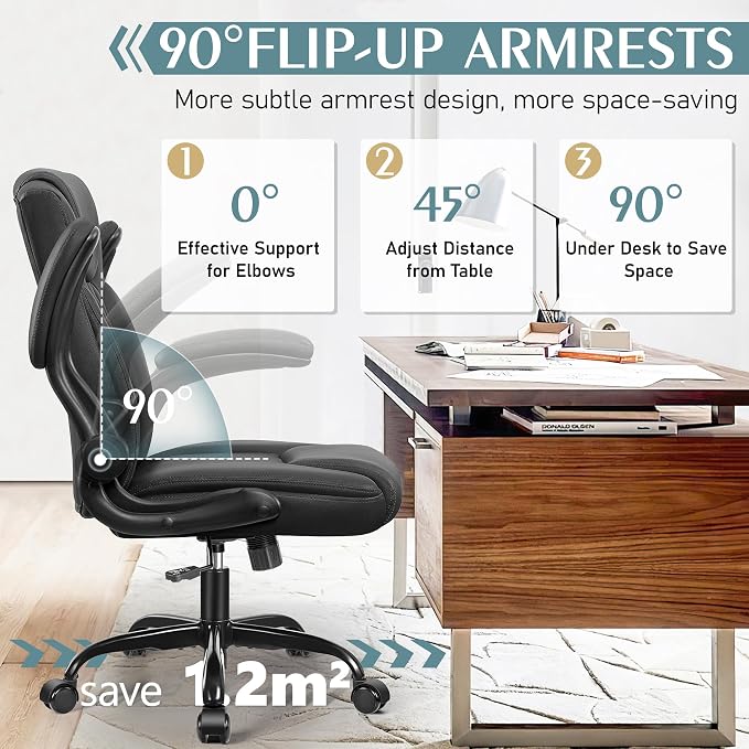 Leather Office Chair, PU Home Computer Desk Chairs with Ergonomic Back Support, 360°Swivel Free，Small Gmaing Chair with Wheels and Adjustable Armrests, for Short People Use, Black - Image 4