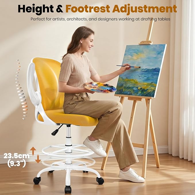 Drafting Chair Tall Office Chair with Flip-up Armrests Executive Ergonomic Computer Standing Desk Chair with Lumbar Support and Adjustable Footrest Ring (Mustard) - Image 6