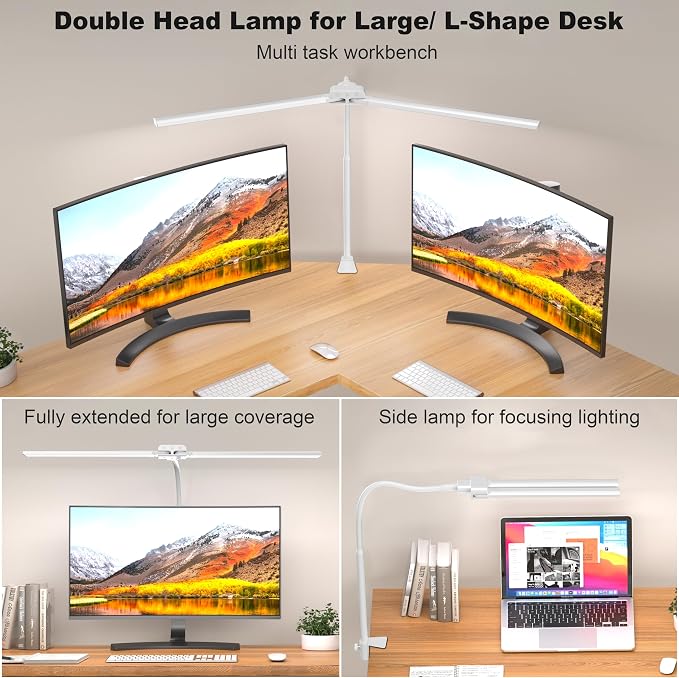 LED Desk Lamp with Clamp, Double Head for Dual Screen, 4 Color Modes,White | Eye-Caring 1200LM Desk Lights for Home Office Monitor Computer Workbench,3000-6000K Dimmanle Table Lamp Memory & 30-Min Timer - Image 2