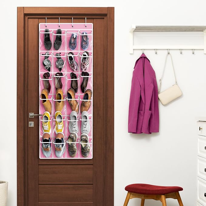Simple Houseware 24 Pockets Large Clear Over the Door Shoe Organizer, Pink | 56" x 22.5", 4 Durable Metal Hooks, 5" x 9" Pocket Size, Multipurpose - Image 6