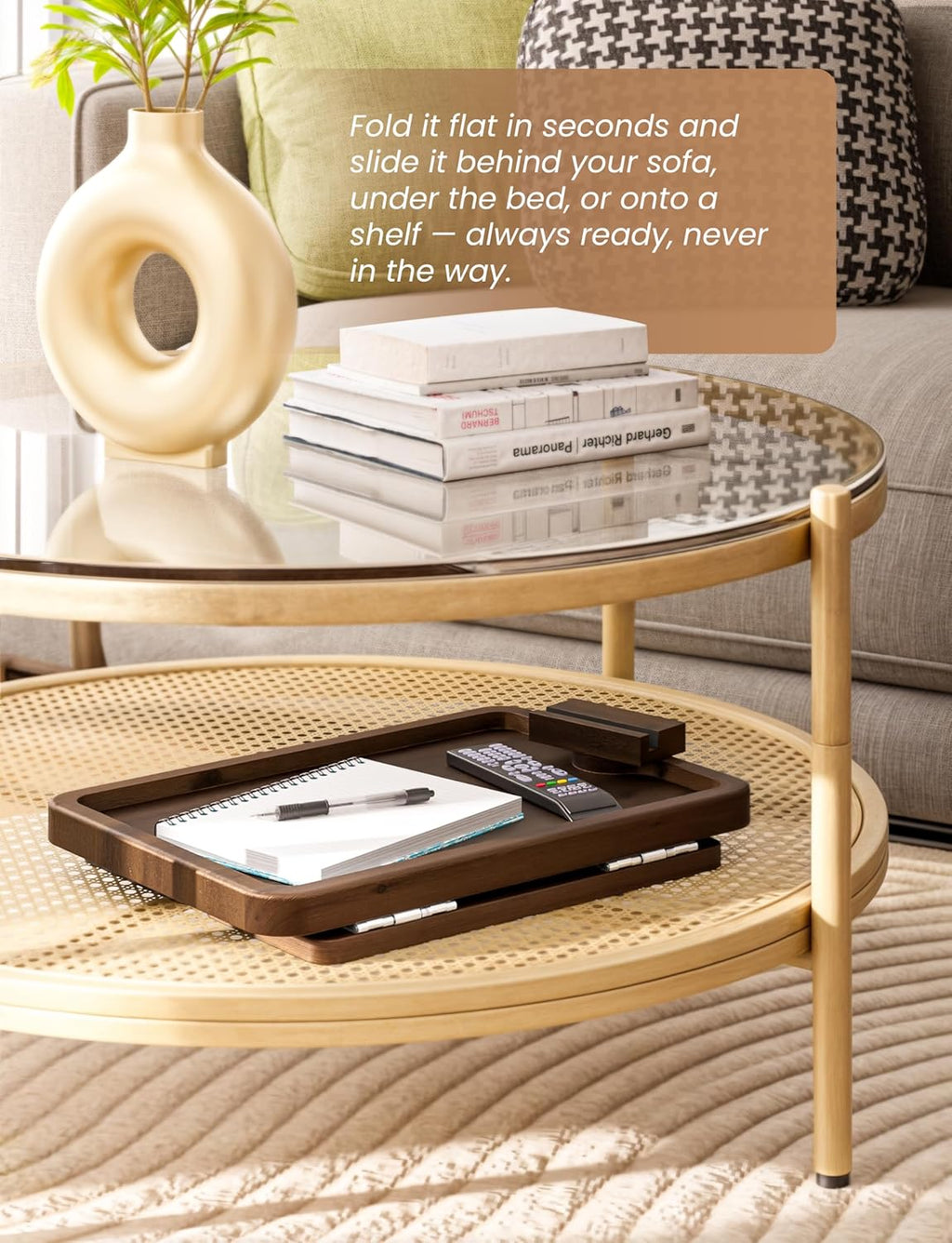 15.75" Acacia Couch Armrest Table with Phone Holder, Walnut Color - Image 4