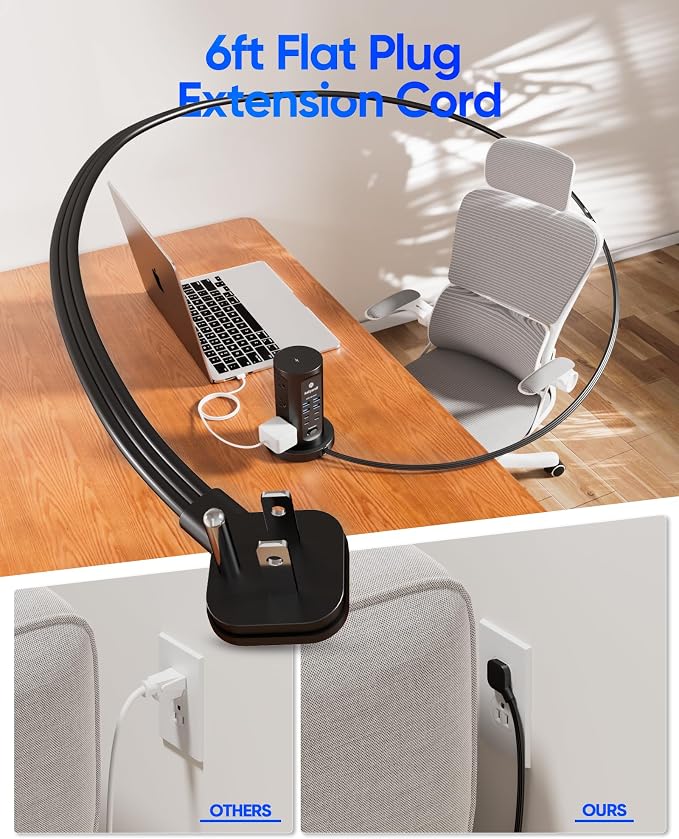 Power Strip Tower, kakyanill Charging Station 9 AC Outlets 8 USB Ports | 6 Ft Retractable Extension Cord, 15W Wireless Charger, Black - Image 6