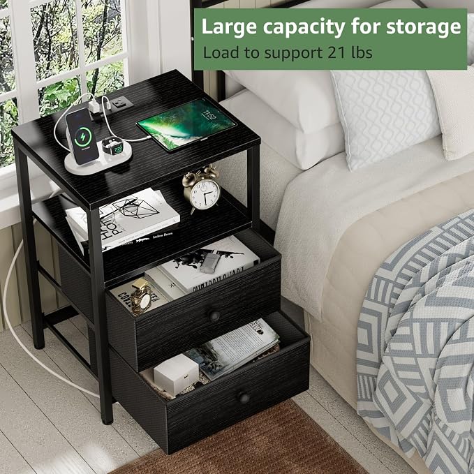 BOLUO Black Nightstand with Charging Station, LED Night Stand with 2 Fabric Drawers, Bedside Table with USB Ports and Outlets, Nightstand for Bedroom Modern - Image 4