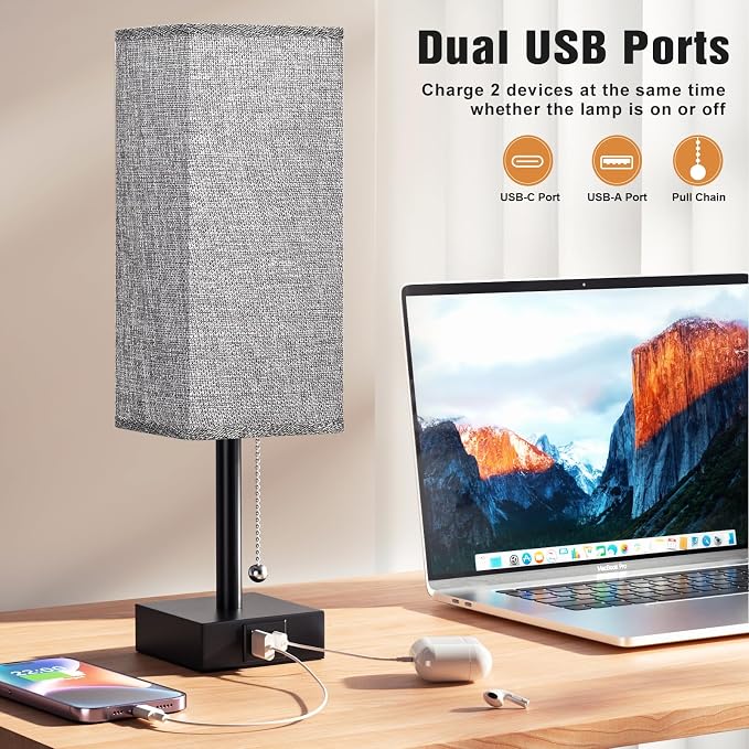 Set of 2 Grey Bedside Table Lamps for Bedroom - Nightstand Lamp, USB C+A | Pull Chain Lamp, 3 Color Modes(3000K/4000K/5000K), E26 LED Bulb Included, Square Grey Fabric Lampshade, for Read, Work, Dorm - Image 5