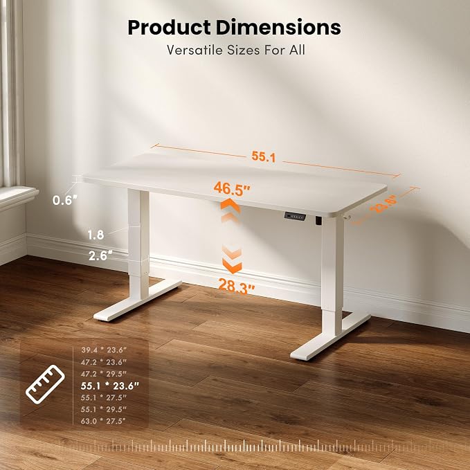 CubiCubi Electric Standing Desk 55 x 24 Inch, Height Adjustable Sit Stand Desk with Memory Presets, Splice Desktop Computer Desk for Home Office, White Frame/White Top - Image 2