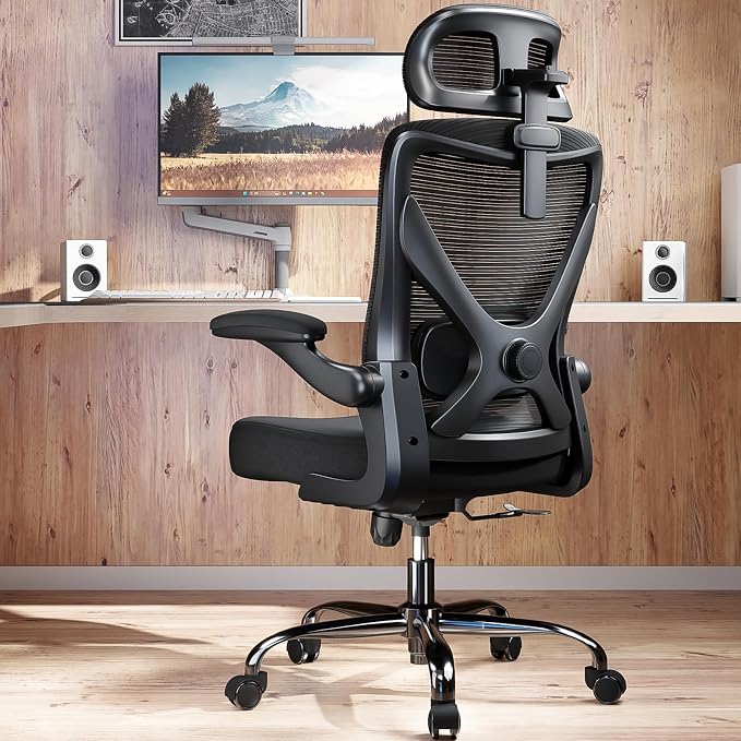 Ergonomic Office Chair: Mesh Desk Chair Comfy with Headrest& Lumbar Support | Ergalithic Big and Tall Office Chairs with Wheels & Flip-Up Arms-Computer Gaming Chairs for Adults Home Office (Full Black) by Ergalithic