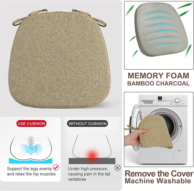 SINOSSO 4 Pack Memory Foam Chair Cushions for Dining Chairs, Friendly Woven Fabric 16" U-Shape Comfortable Kitchen Chair Pads, Removable Slip Resistant Seat Cushions (Set of 4, Linen) - Image 5