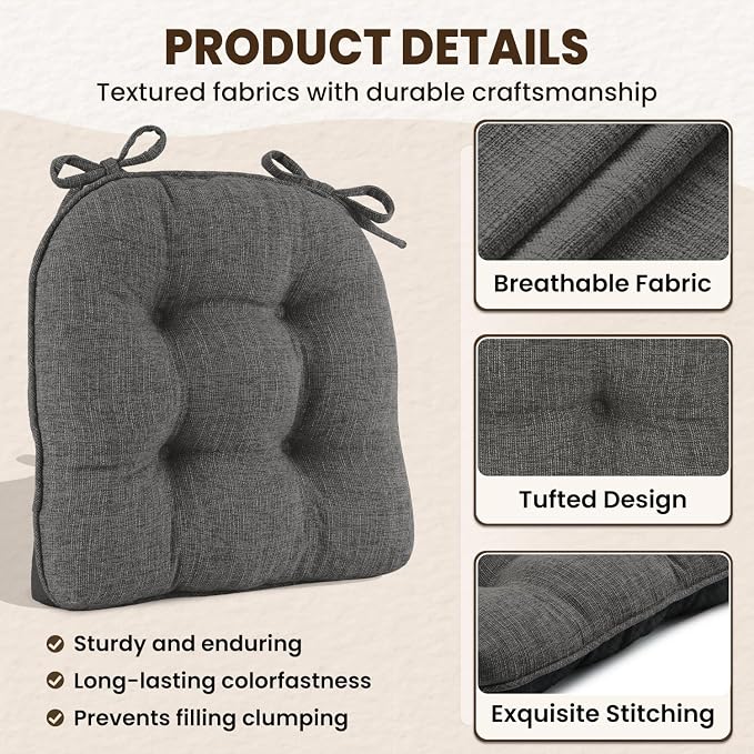 downluxe Indoor Chair Cushions for Dining Chairs, Tufted Overstuffed Textured Foam Kitchen Chair Pads with Ties and Non-Slip Backing, 15.5" x 15.5" x 4", Dark Grey, 4 Pack - Image 5