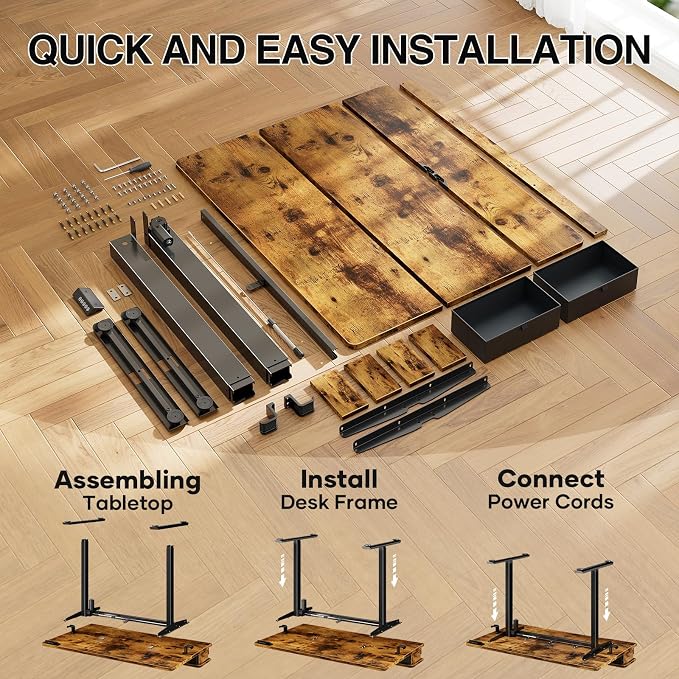 Veken 47x28 in Electric Standing Desk with Drawers, Adjustable Table, Brown | Stand up Computer Desk for Home Office, Work & Study, with Storage, 3 Memory Presets, Cable Organizer, Hook, and Quiet Lift. - Image 8