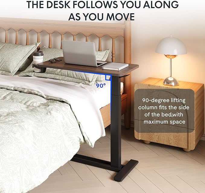 FLEXISPOT H7 28" Pneumatic Height-Adjustable Overbed Table with Wheels | C-shaped bedside table,Medical End Table,Rolling Cart TV Tray,Laptop desk for Hospital Home use,27.6"W x 15.7"D,Mahogany - Image 7
