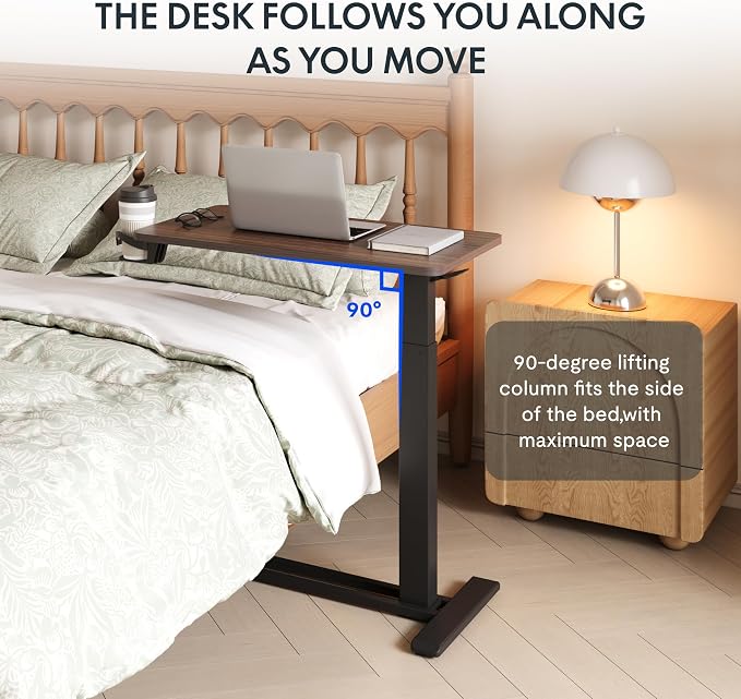 FLEXISPOT H7 32" Pneumatic Height-Adjustable Overbed Table with Wheels | C-shaped bedside table,Medical End Table,Rolling Cart TV Tray,Laptop desk for Hospital Home use,31.5"W x 17.7"D,Mahogany - Image 8